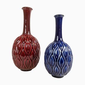 Mid-Century Blue and Red Peacock Vases by Sven Erik Skawonius Upsala Ekeby, 1950s, Set of 2