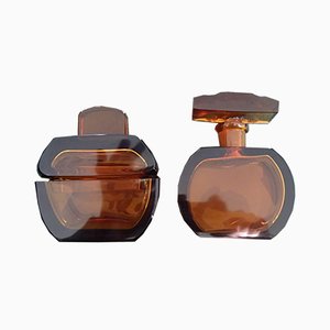 Art Deco Dressing Table Set Box & Brown Glass Perfume Bottle, 1930s, Set of 2