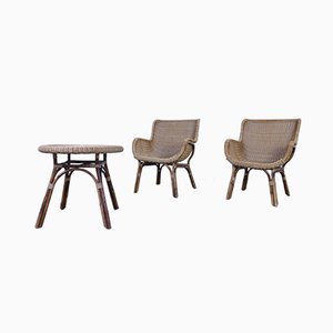 Mid-Century Tisch und Stühle aus Korbgeflecht, 3er Set