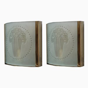 Applique Murale Antique Art Nouveau Carrée en Verre Murano et Laiton, 1910, Set de 2