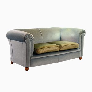 2-Sitzer viktorianisches Chesterfield Sofa in blauem Mattleder und Moosgrünem Samt, 1950er