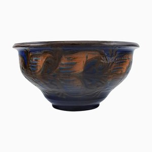 Bowl in Glazed Stoneware Orange Foliage on Blue Background from Kähler, Denmark