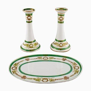 Candlesticks and Dish Set in Hand-Painted Porcelain from Limoges, France, Set of 3