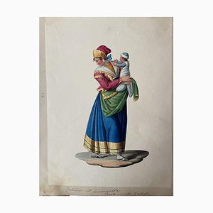 Michela De Vito, Costume de Naples, Gouache Originale, 19ème Siècle