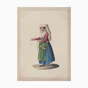 Michela De Vito, Costume de Naples, Gouache Originale, 19ème Siècle