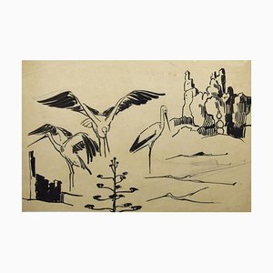 Helen Vogt, Storks, Original Ink and Aquarelle, 1930