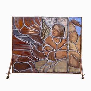 Pantalla para chimenea Mid-Century de vidrio pintado y hierro pintado a mano