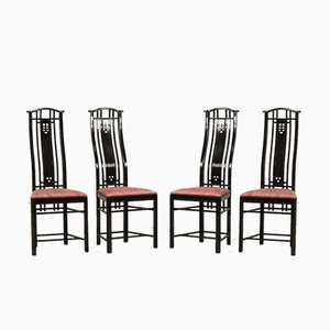 High Back Black Lacquered Dining Chairs with Fabric from Giorgetti, 1980s, Set of 4