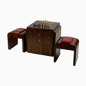 Set Art Deco con tavolo da scacchi e due sgabelli, anni '30