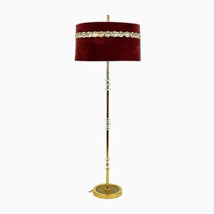 Lampadaire Mid-Century en Laiton et Cristal de Verre avec Abat-Jour en Velours Rouge, Autriche