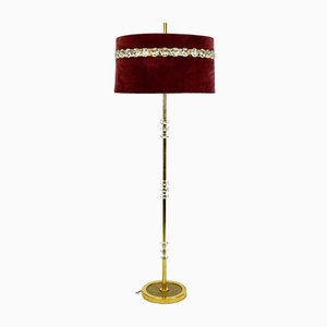 Mid-Century Austrian Brass and Crystal Glass Floor Lamp with Red Velvet Shade