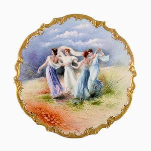 Large Antique Dish in Hand Painted Porcelain with Dancing Women, Limoges, France