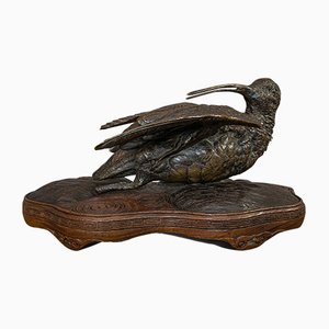 Pájaro decorativo antiguo pequeño de bronce y caoba, década de 1900