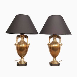 Lampes de Bureau en Bronze Antique & Marbre Blanc, Set de 2