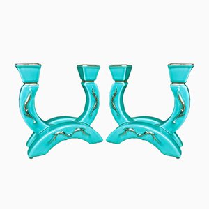 Bougeoirs Turquoise en Céramique avec Vignes Dorées, 1930s, Set de 2