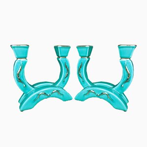 Turquoise Ceramic Candleholders with Gold Vines, 1930s, Set of 2