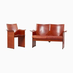 Loveseat und Stuhl aus dunkelem cognacfarbenem Leder von Tito Agnoli für Matteo Grasse, Italien, 2er Set