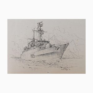 Peinture à l'encre David Hawker, War Ship, 1980s
