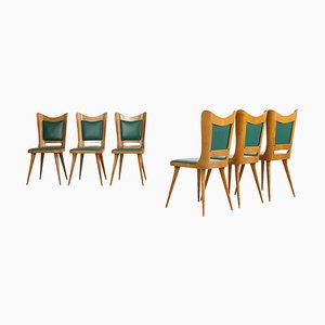 Italian Wooden Dining Chairs with Green Upholstery, 1950, Set of 6