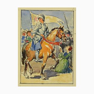 Inconnu, Jeanne d'Arc, Encre de Chine Originale et Aquarelle sur Papier, 1940s