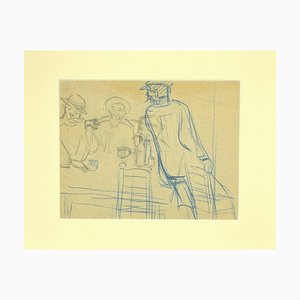 Dessin Inconnu, The Drinkers, Crayon Originel et Pastel Bleu, 1920s