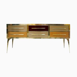 Credenza Mid-Century in legno massello e vetro colorato, Italia