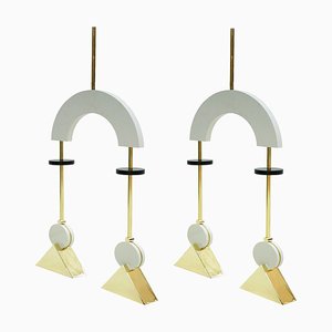 Lampade a sospensione Mid-Century in legno laccato bianco e bronzo, set di 2