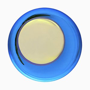 French Modern Sculptural Concave Handmade Yellow and Blue Glass Mirror