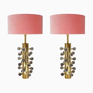 Mid-Century Italian Modern Style Grey Murano Glass and Brass Table Lamps, Set of 2