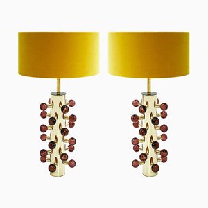 Lámparas de mesa italianas Mid-Century estilo moderno de latón y cristal de Murano. Juego de 2