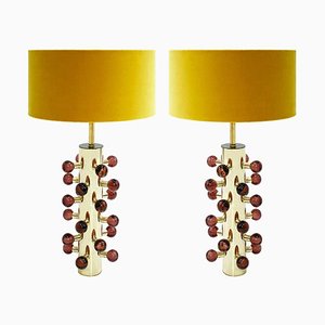 Mid-Century Modern Style Italian Brass and Murano Glass Table Lamps, Set of 2