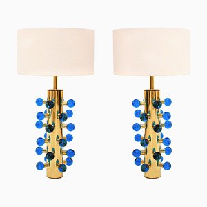 Mid-Century Modern Style Italian Brass and Murano Glass Table Lamps, Set of 2
