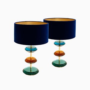Lampade da tavolo Mid-Century in stile moderno in vetro di Murano e ottone, Italia, set di 2