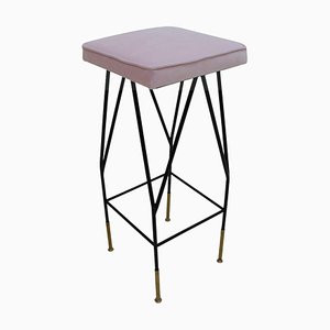 Tabouret italien en velours de coton rose et métal laqué noir