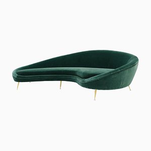 Curved Green Cotton Velvet and Brass Italian Sofa in the Style of Ico Parisi