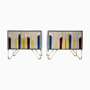 Italienische Mid-Century Sideboards aus Massivholz & Farbglas, 2er Set