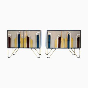Mid-Century Italian Solid Wood and Colored Glass Sideboards, Set of 2