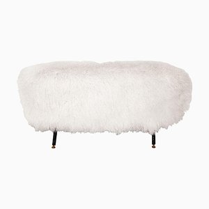 Mid-Century White Mongolian Goat Fur, Wood and Metal Italian Footstool