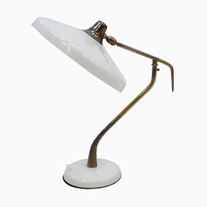 Lampe de Bureau Blanche Mid-Century en Acier et Laiton par Oscar Torlasco, Italie