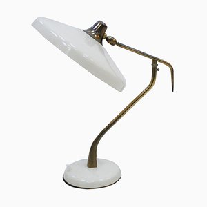 Mid-Century Modern Steel and Brass White Italian Table Lamp by Oscar Torlasco