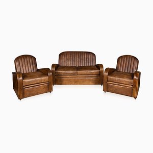 Art Deco Leather Tub Chairs & Sofa, 1920s, Set of 3