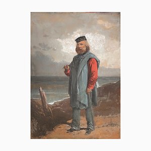 Unknown, Portrait of Giuseppe Garibaldi in Front of the Sea, Gouache, 19th Century