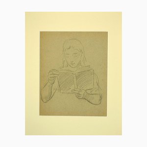 Inconnu, Femme de Lecture, Crayon Original sur Papier, 1940s