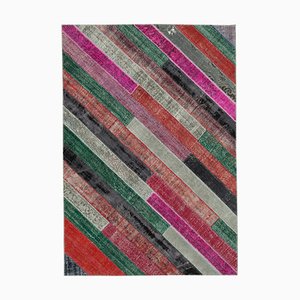 Multicolor Anatolian  Low Pile Hand Knotted Overdyed Patchwork Rug