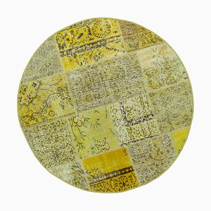Yellow Oriental Decorative Hand Knotted Round Patchwork Rug