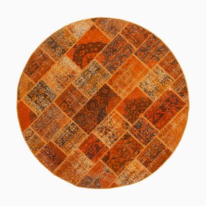 Orange Anatolian  Decorative Hand Knotted Round Patchwork Rug