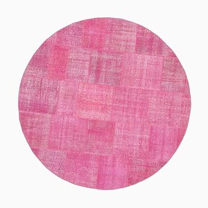 Pink Anatolian  Low Pile Hand Knotted Round Patchwork Rug