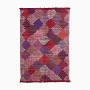 Roter Handgeknüpfter Flatwave Kilim Teppich aus Geometrischer Wolle