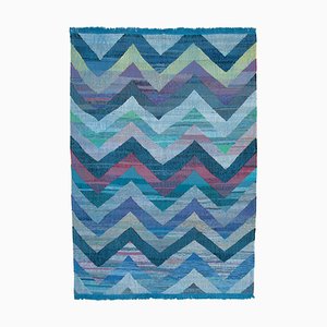 Blauer Handgeknüpfter Türkischer Flatwave Kilim Teppich aus Wolle