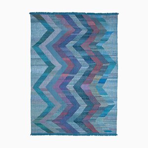 Blauer Handgeknüpfter Flatwave Kilim Teppich aus Geometrischer Wolle